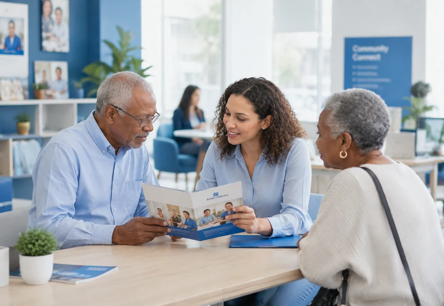 Volunteers speaking with residents in a bright community care office