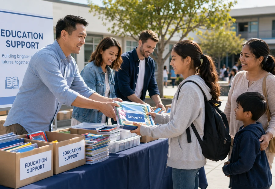 Volunteers giving school kits and education supplies to children and families outdoors