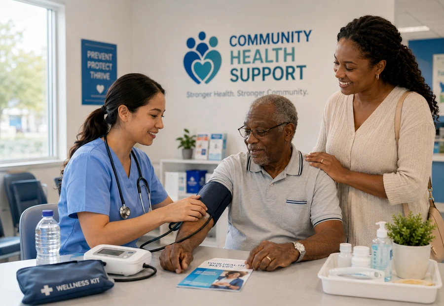 Community health support scene with a nurse checking blood pressure for an elderly resident
