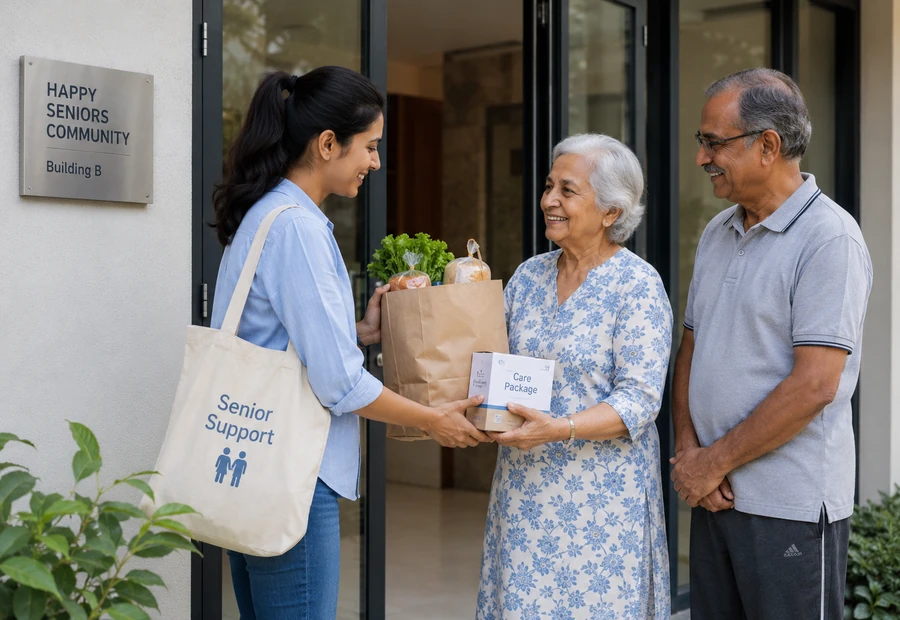 Volunteer giving a grocery bag and care package to a senior couple at a residence entrance