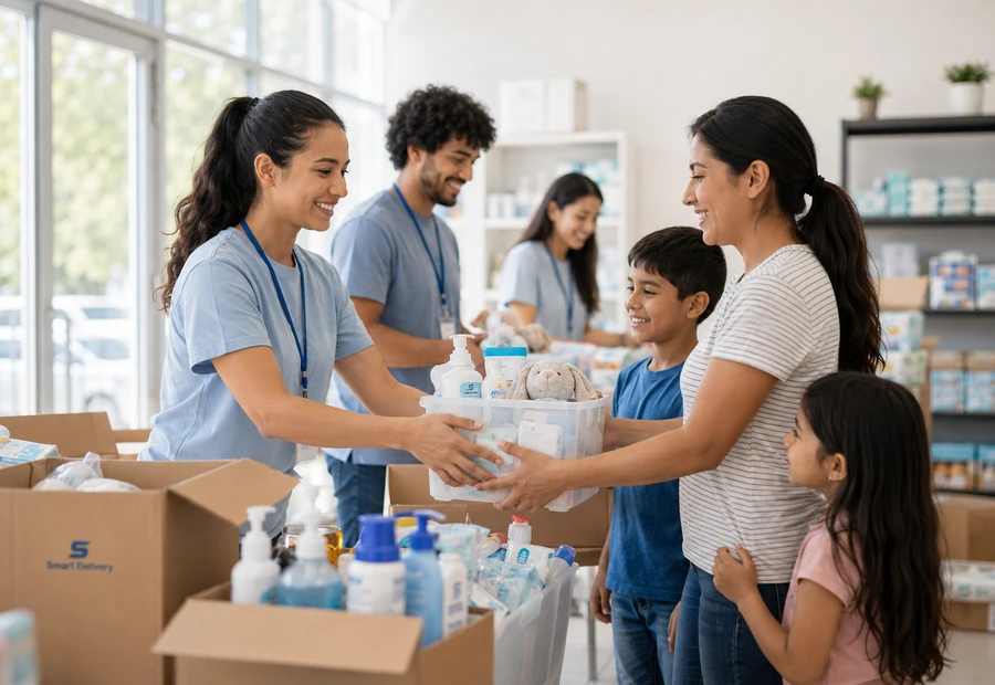 Volunteers handing family relief supplies to a mother and children in a bright donation center