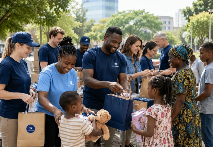 Outdoor charity gift distribution with volunteers giving presents and care bags to children