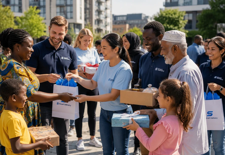 Outdoor relief giveaway where volunteers provide gift bags and supplies to diverse families