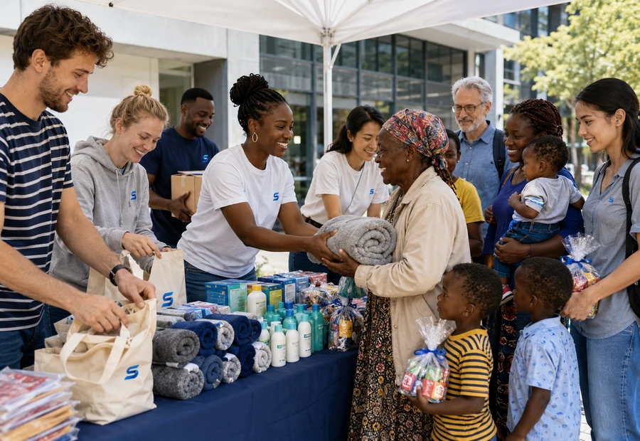 Volunteers distributing blankets and essential supplies to families at an outdoor charity event