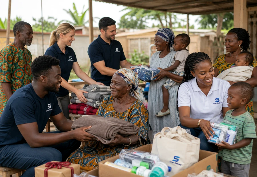 Charity impact story image showing Smart Delivery volunteers distributing blankets, care supplies, and relief items to families and seniors
