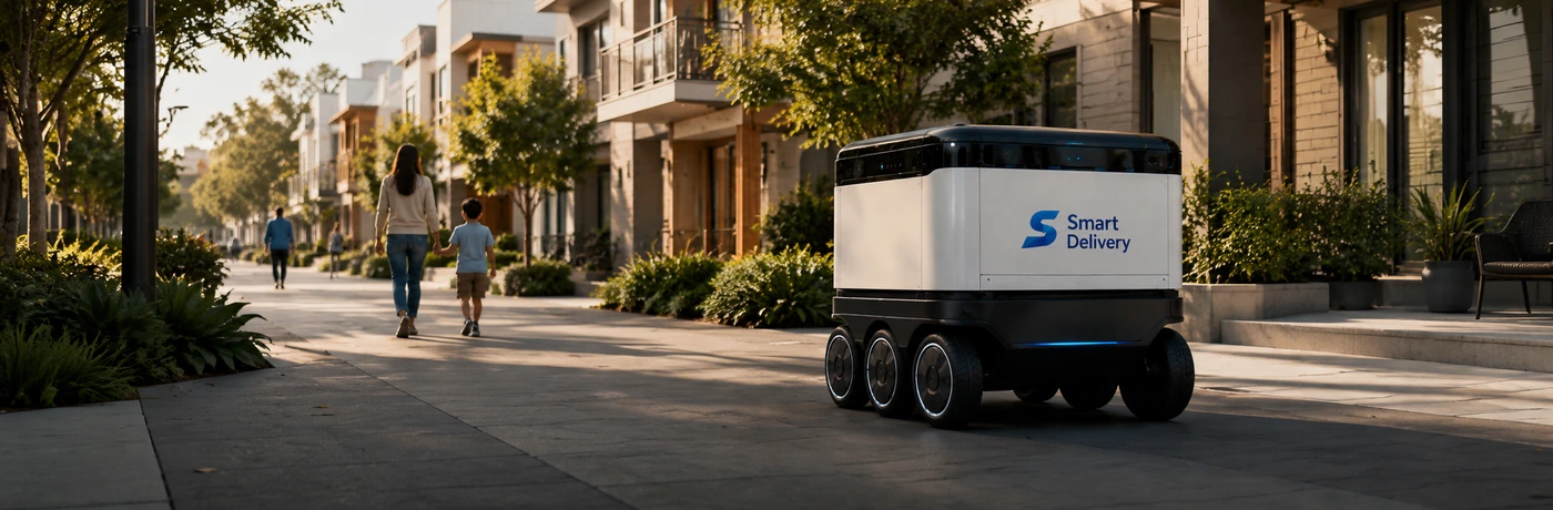 Smart Delivery robot completing community last-mile delivery near a residential entrance