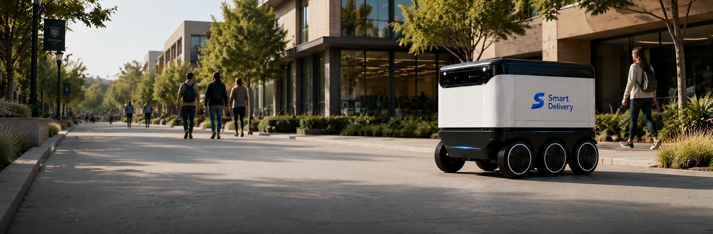 Smart Delivery robot operating on a campus walkway for meals packages and supplies