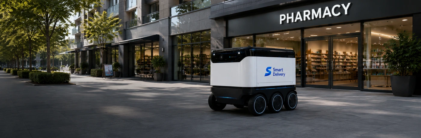 Smart Delivery robot completing retail and pharmacy delivery at a storefront