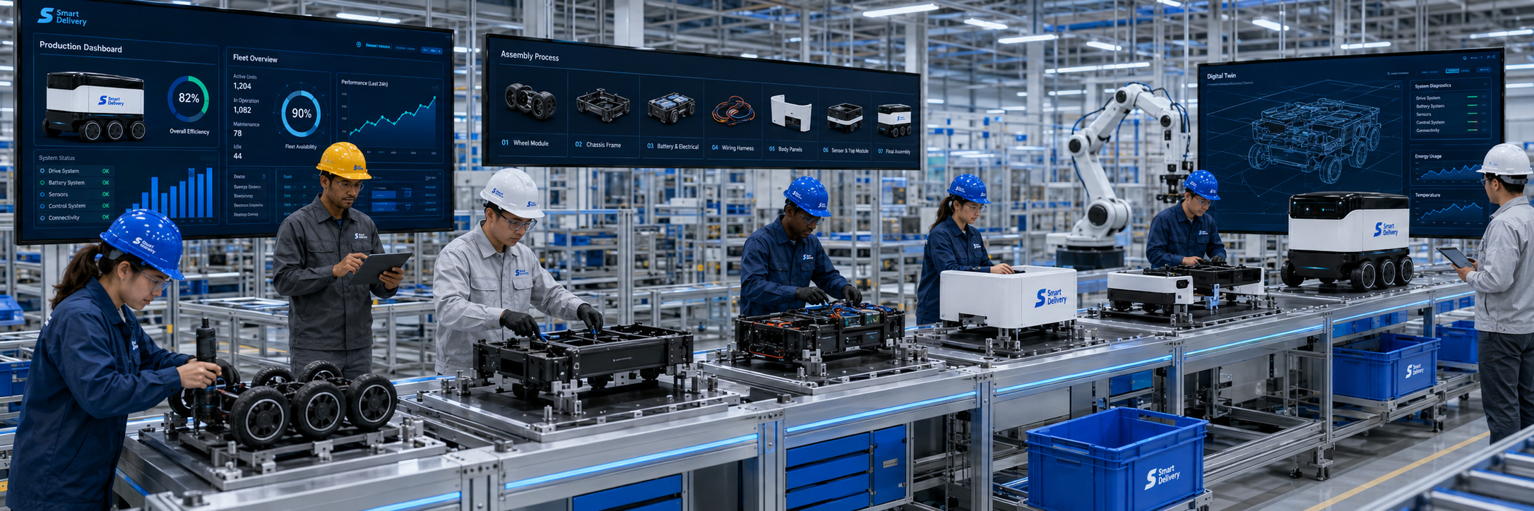 Production Readiness: Smart Delivery robot production line with manufacturing equipment and data screens