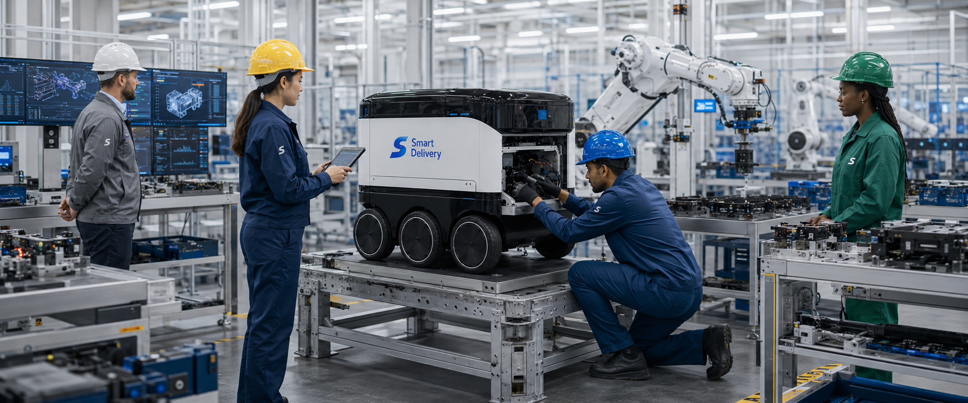 Smart Delivery four-wheel robot moving through modular production stations