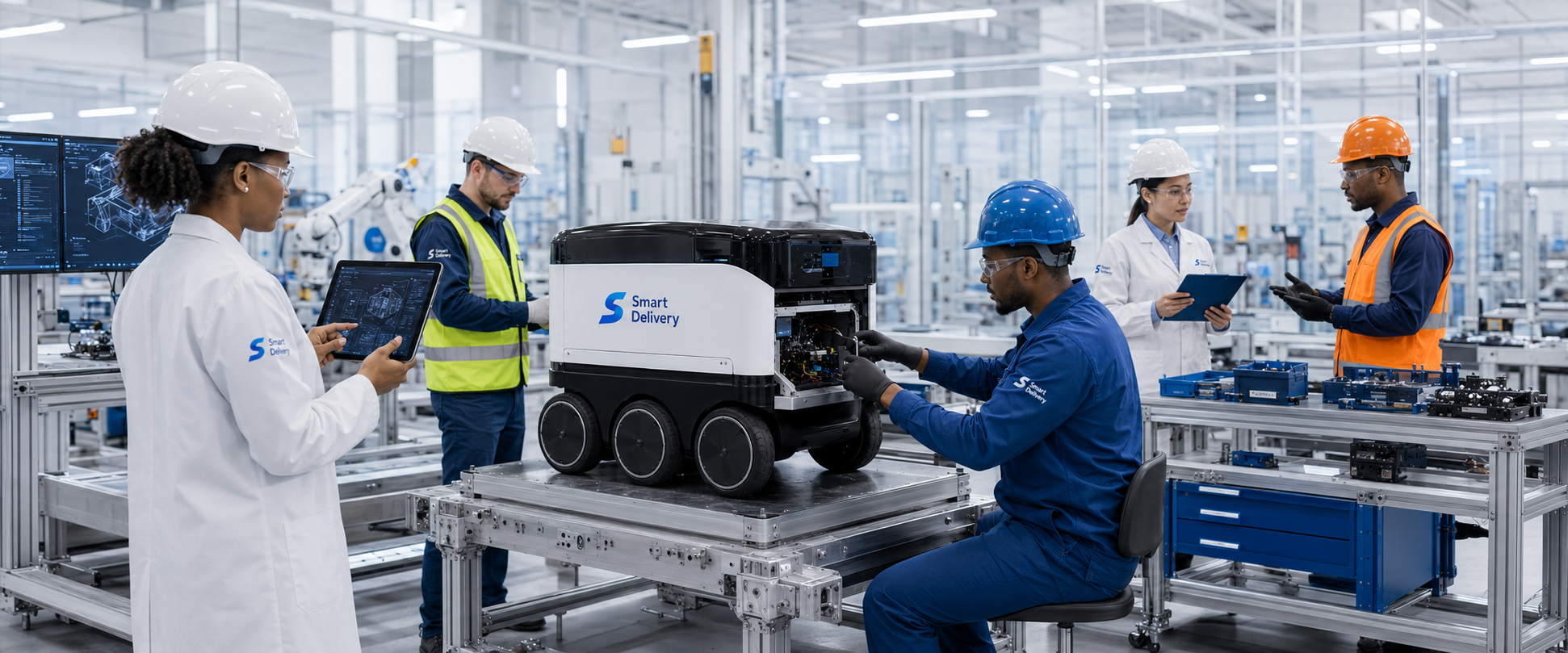 Smart Delivery internal system assembly with technicians checking robot body modules