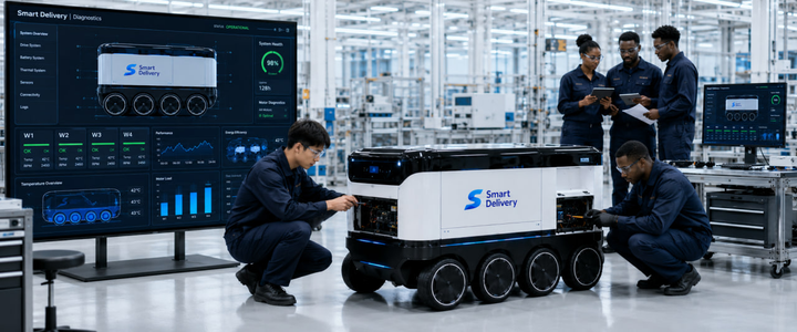 Smart Delivery diagnostics dashboard comparing four-wheel robot production data