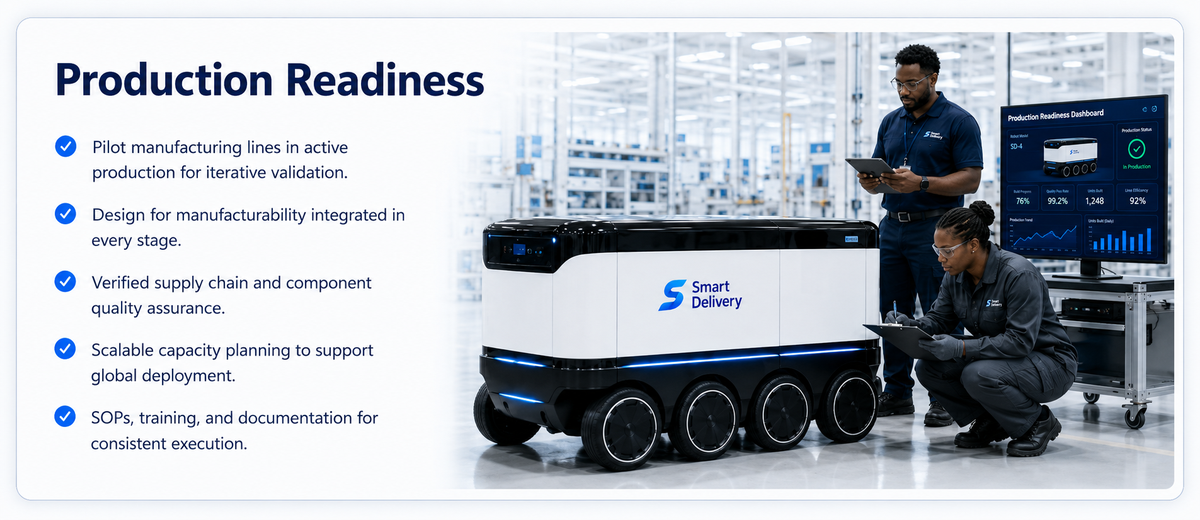 Production Readiness checklist with a four-wheel Smart Delivery robot in active production